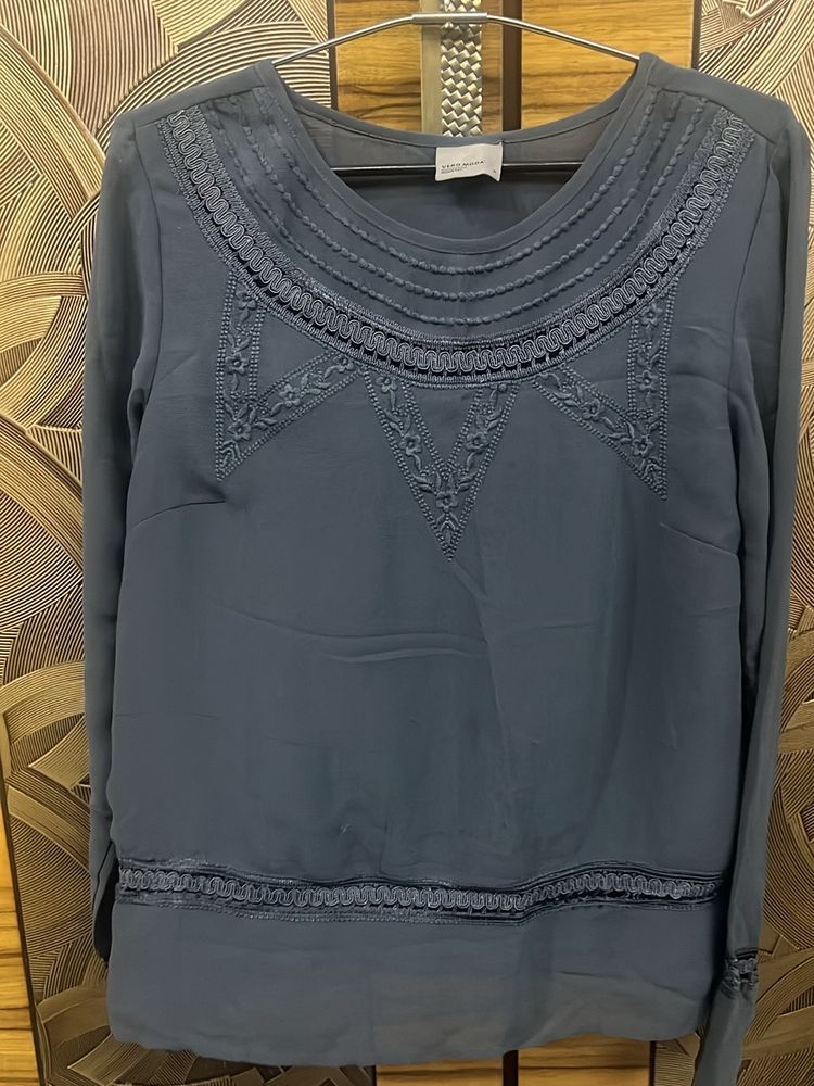 Dusty Blue Embroidered Top By Vero Moda