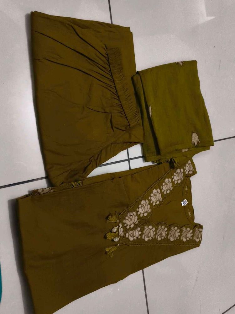 Olive Green Embroidered Kurta Set