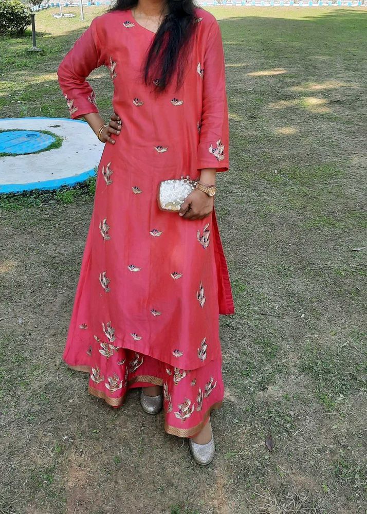 pink/magenta silk long kurta/sharara suit