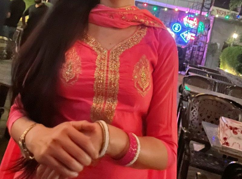 Elegant Pink Kurti Set with Gold Embroidery