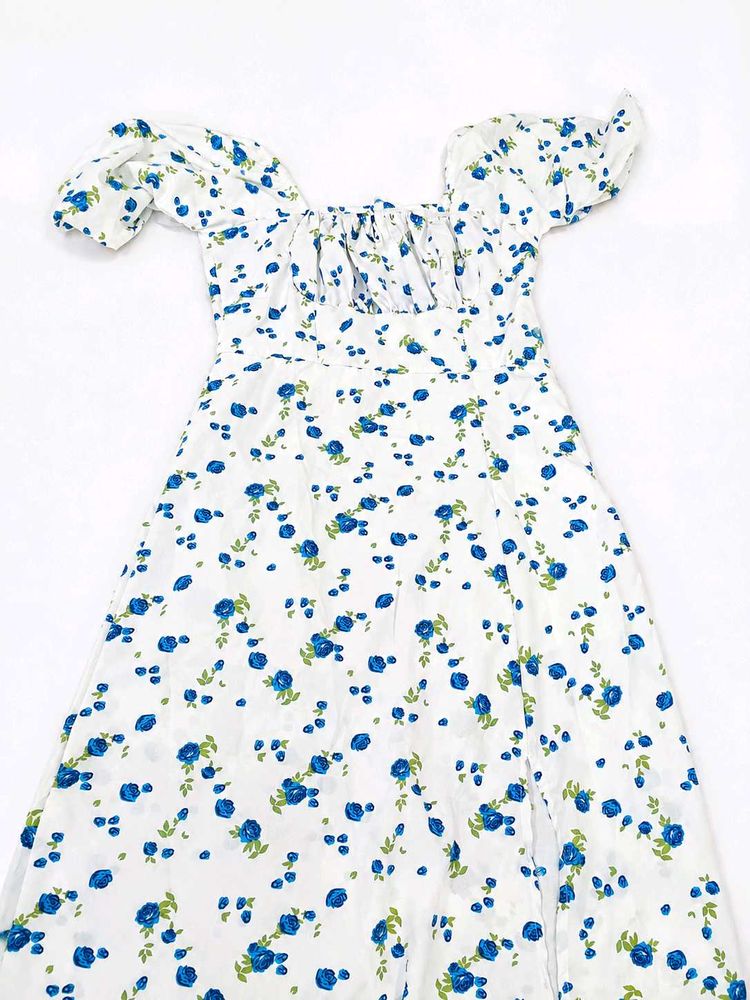 White Floral Print Puff Sleeve Dress