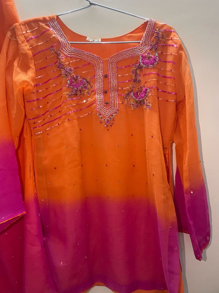 Orange &amp; Pink Ombre Kurta Set with Embellishments
