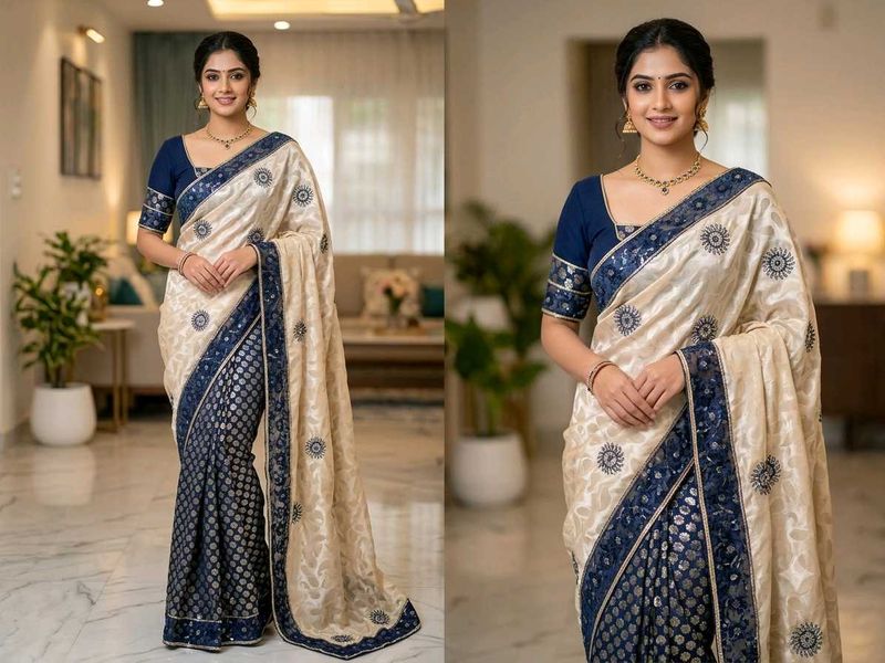 GentlyUsed Elegant Blue&amp;Gold ZariWork Saree-WithBl