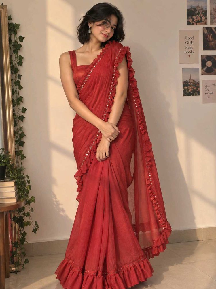 Ethnic Wear Maroon Colour Ruffle Georgette Saree