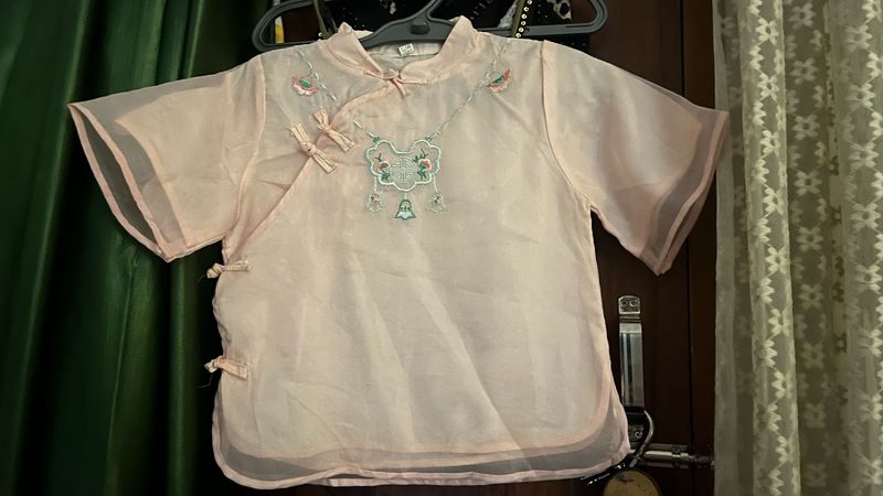 Pink Embroidered Sheer Mandarin Collar Top
