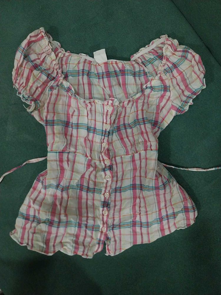 Pink Plaid Puff Sleeve Top