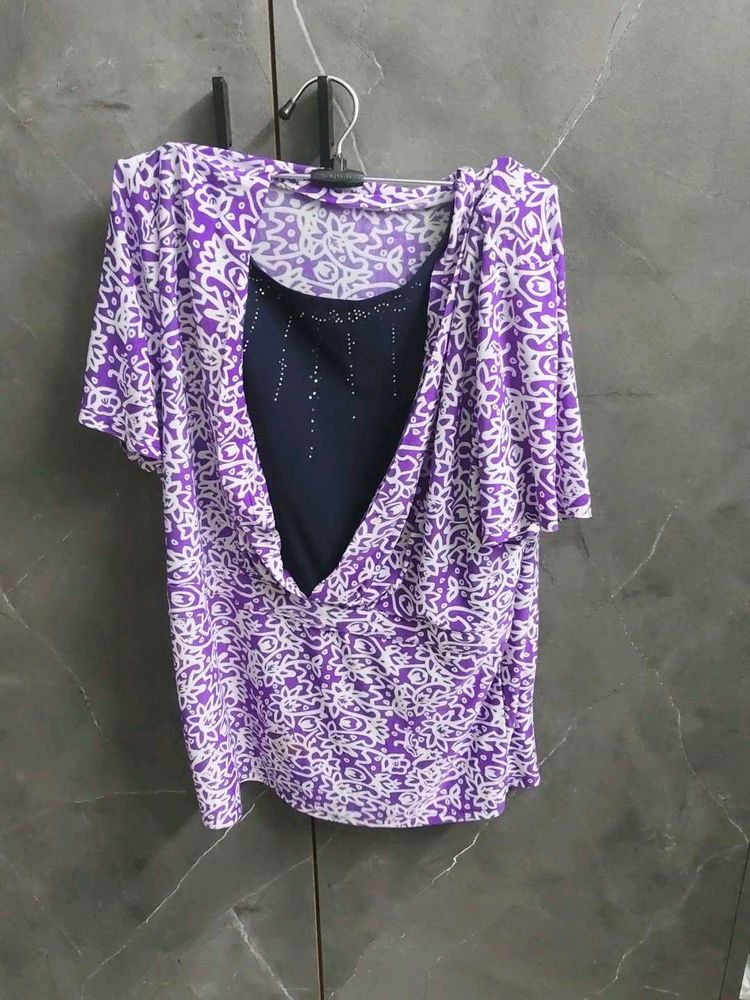 Purple &amp; White Printed Cowl Neck Top