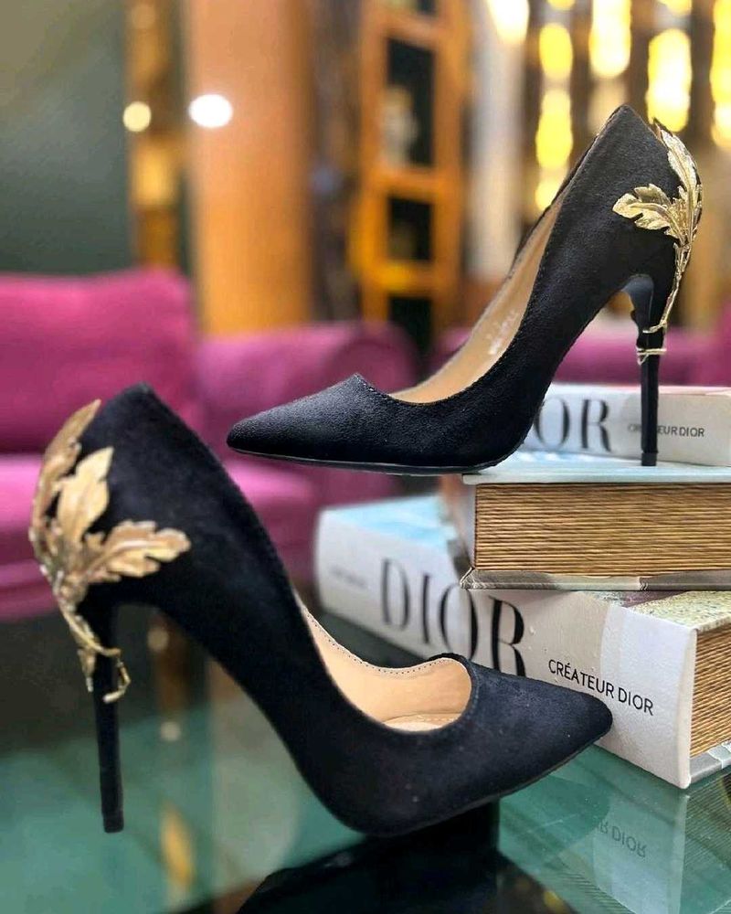 Black Stiletto Heels with Gold Leaf Detail