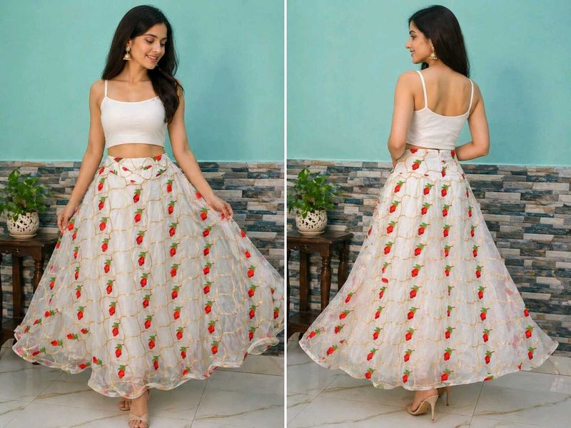 Chic White Lehenga Skirt with Strawberry Print