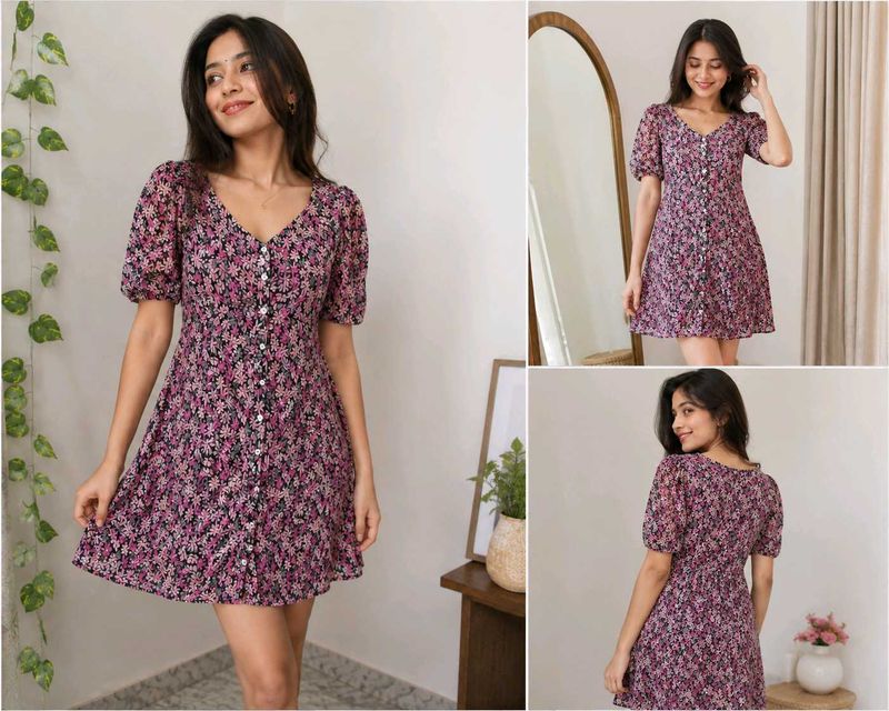Pink Floral Puff Sleeve Mini Dress