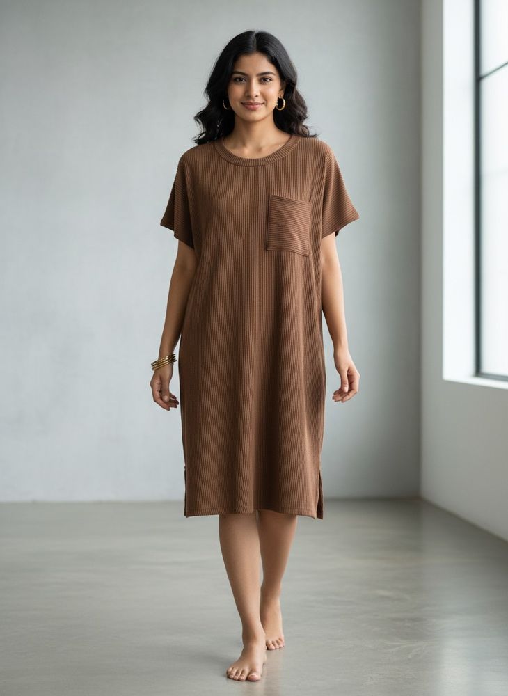 Brown Casual Pocket T-Shirt Dress