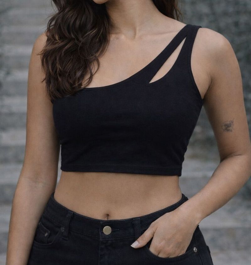 Black One Shoulder Crop Top