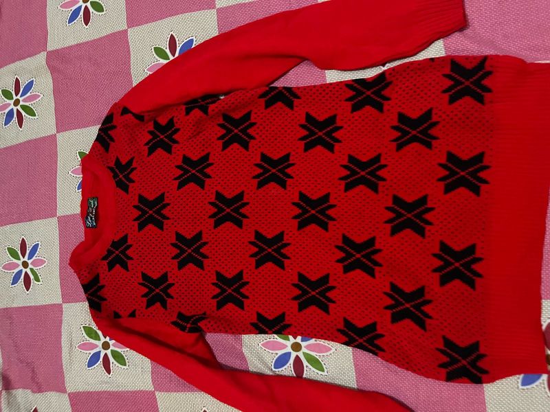 Red Knit Sweater with Black Geometric Pattern