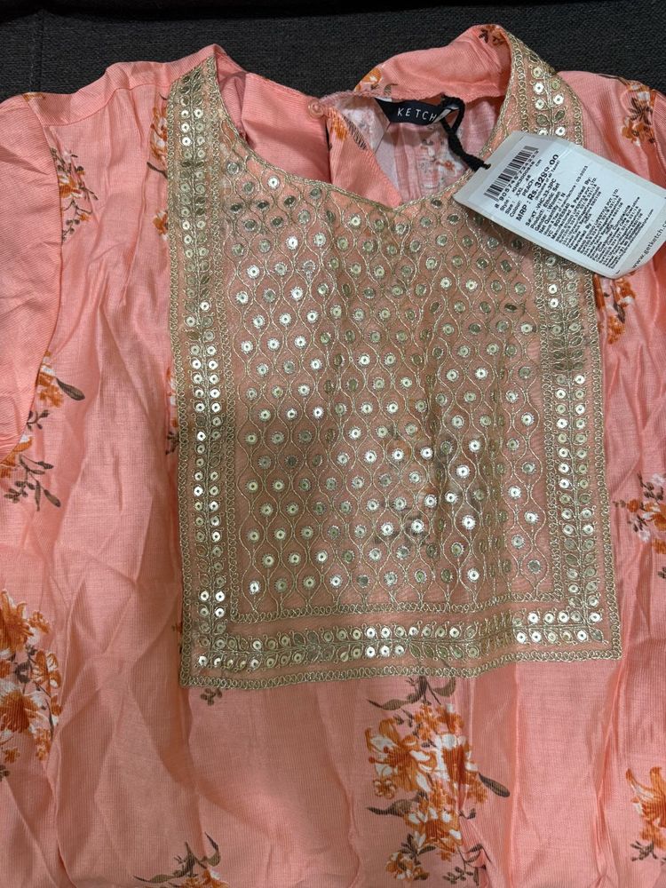 Elegant Peach Floral Sequins Kurta