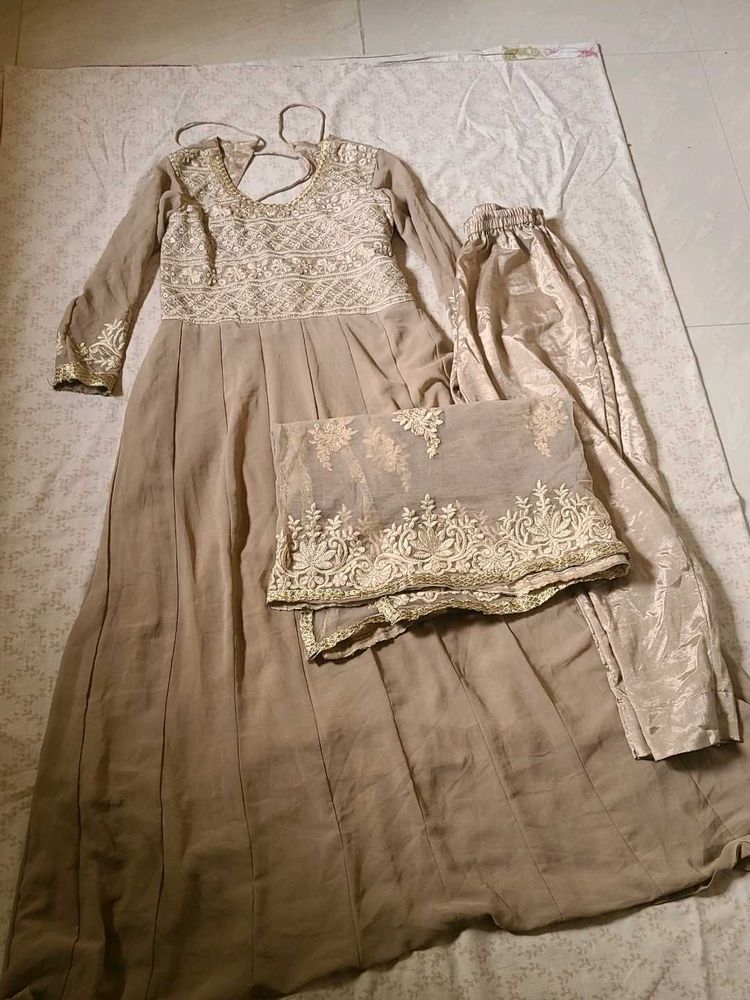 Brown Anarkali Dress Set With Pant And Dupatta