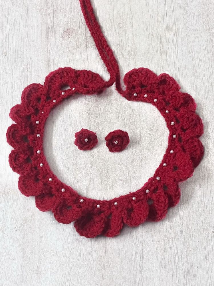 Handmade Red Crochet Necklace &amp; Earrings Set