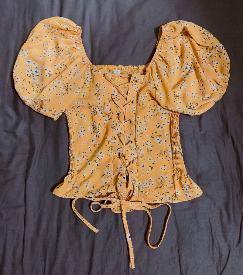 Yellow Floral Lace-Up Crop Top