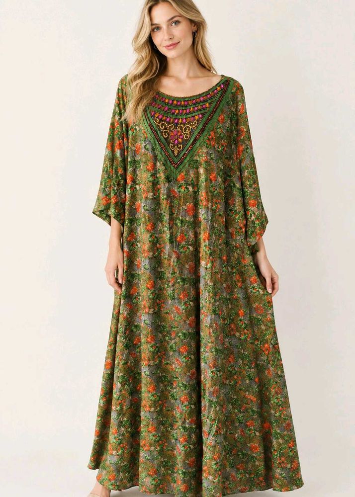 Elegant Green Floral Kaftan Maxi Dress