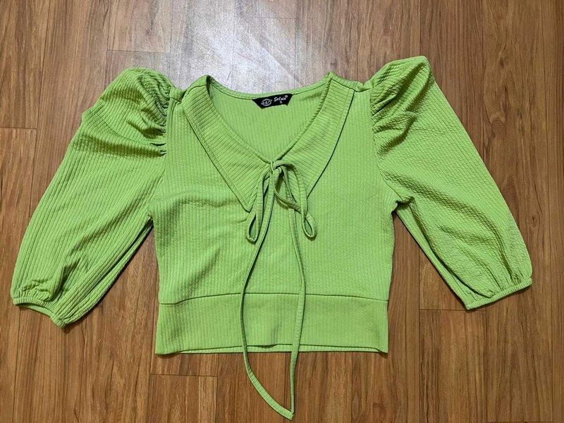 Selvia Lime Green Puff Sleeve Tie-Up Top