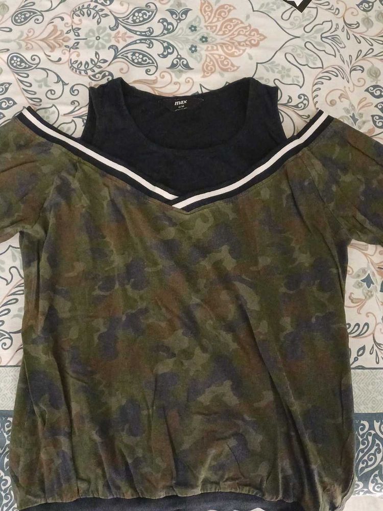 MAX Camo Print Cold Shoulder Top