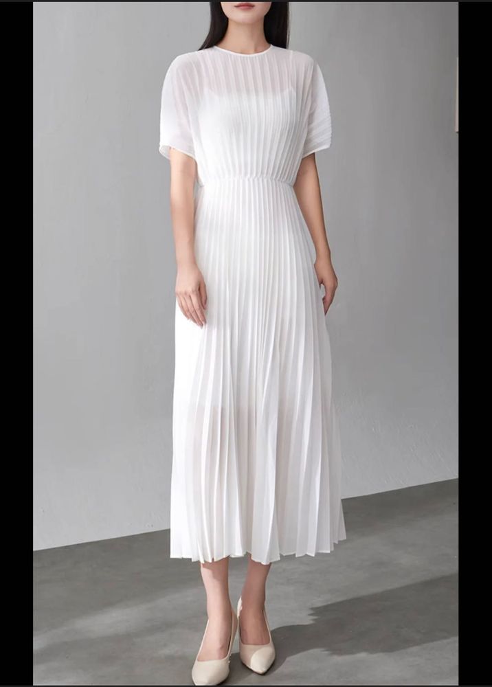 Imported White Pleated Midi Dress