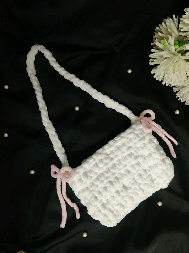White Crochet Sling Bag with Pink Bows🌸🎀