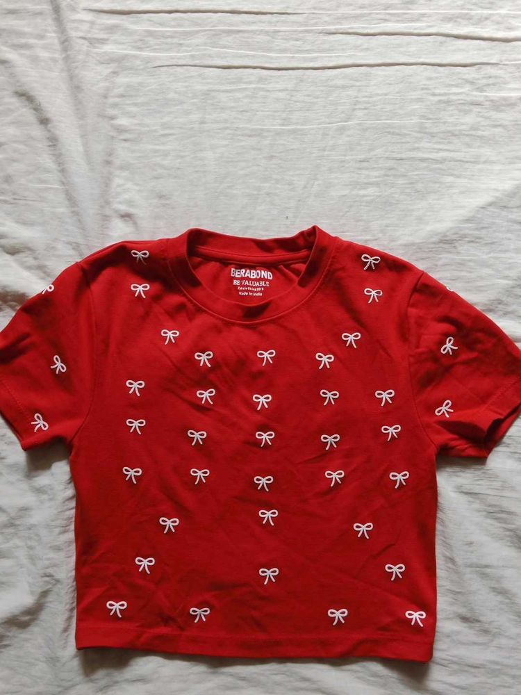 Cute Red Bow Print Crop Top