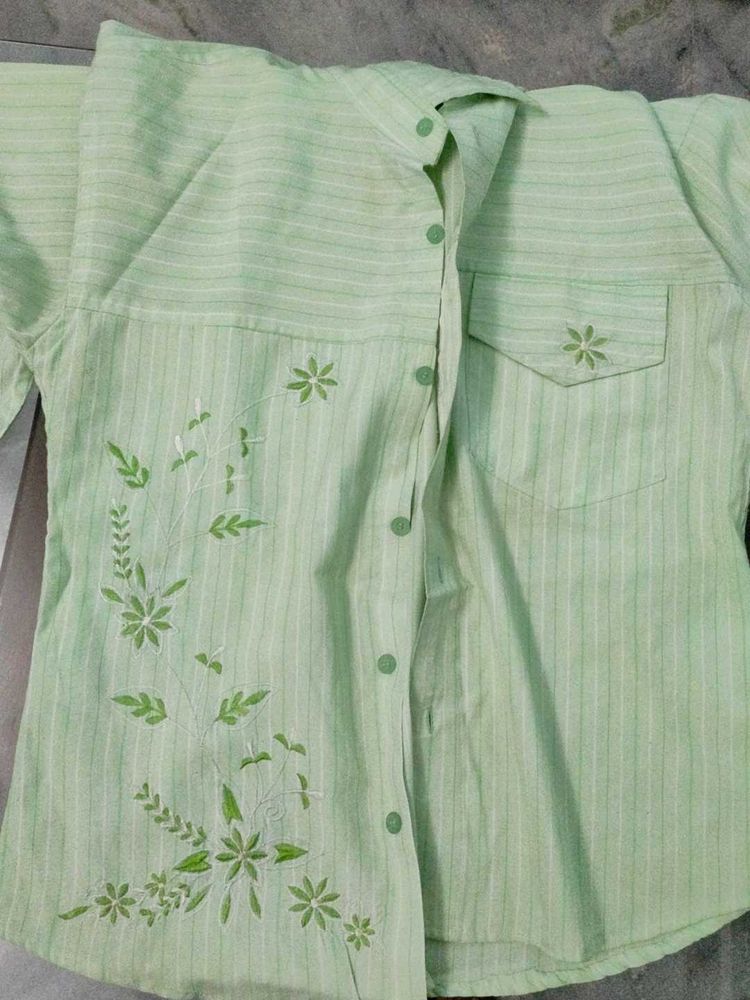 Light Green Embroidered Button-Up Shirt
