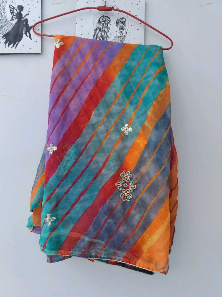 Vibrant Striped Saree with Embellishments