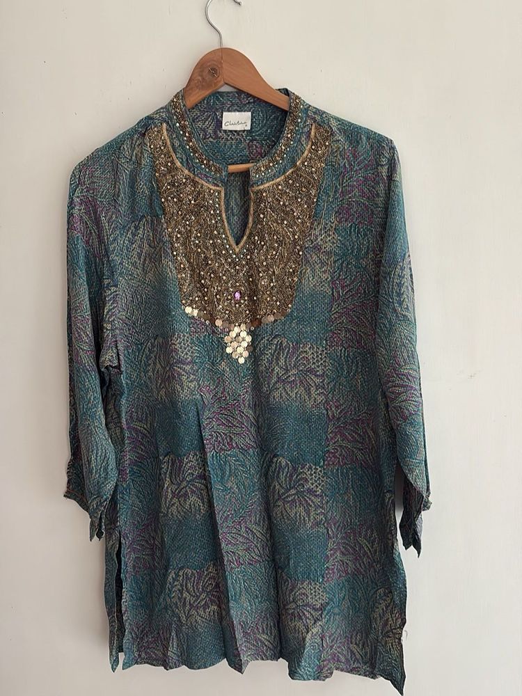Embellished Teal Printed Kurta
