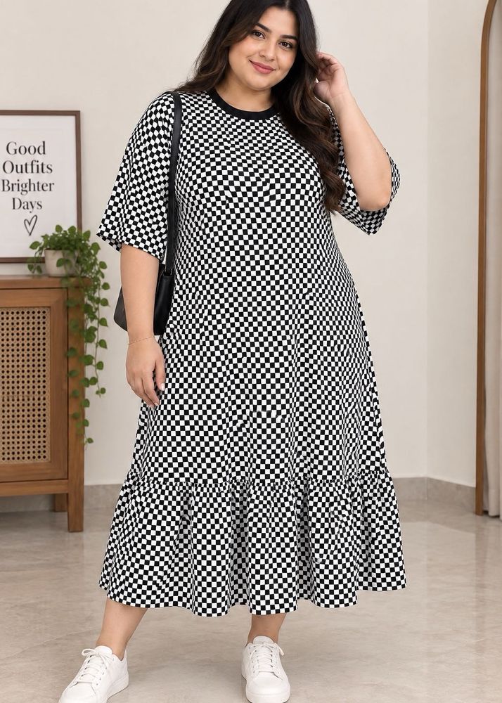 Black &amp; White Checkerboard Flare Midi Dress