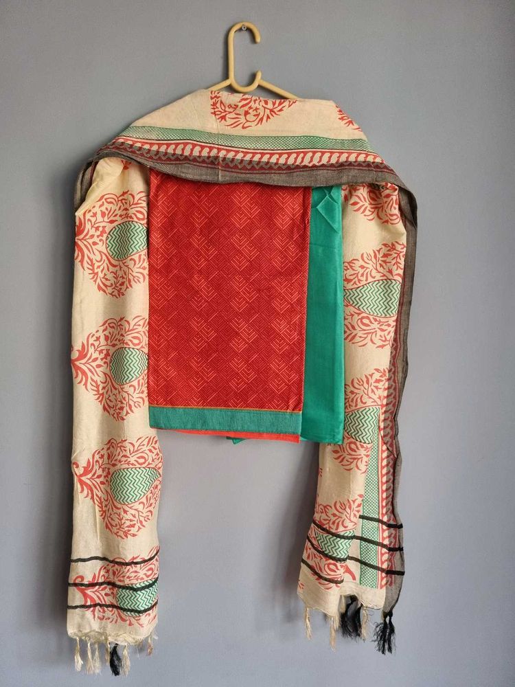 Cotton Salwar Kameez Suit Unstitched Red&amp;Green