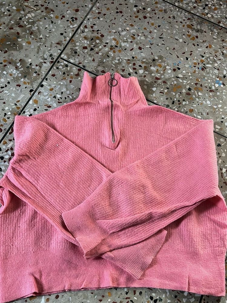 Pink Ribbed Quarter Zip Sweater