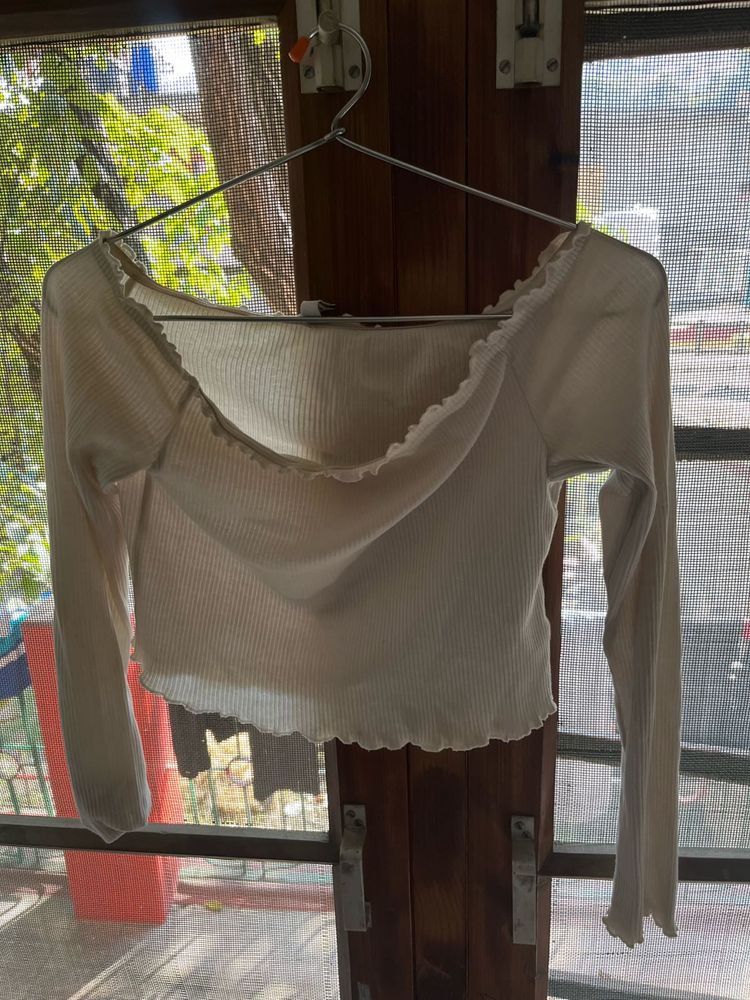 White Ribbed Off-Shoulder Top