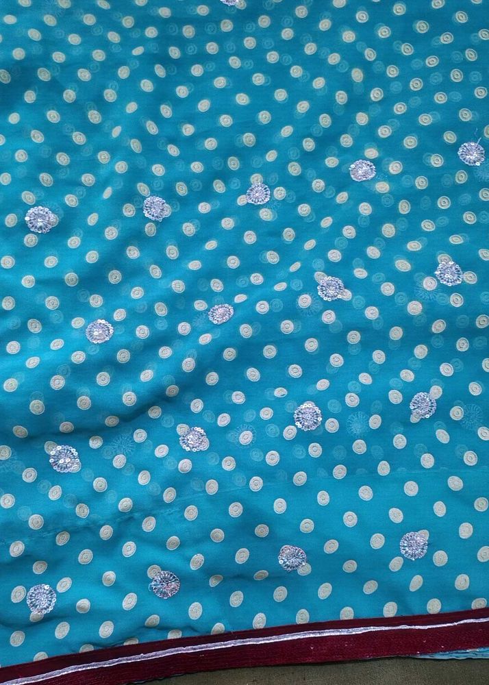 Beautiful Blue Saree with White Polka Dots