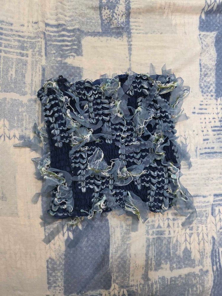 Blue Ruffle Trim Tube Top