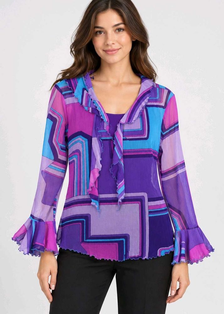Vibrant Geometric Print Ruffle Blouse with inner