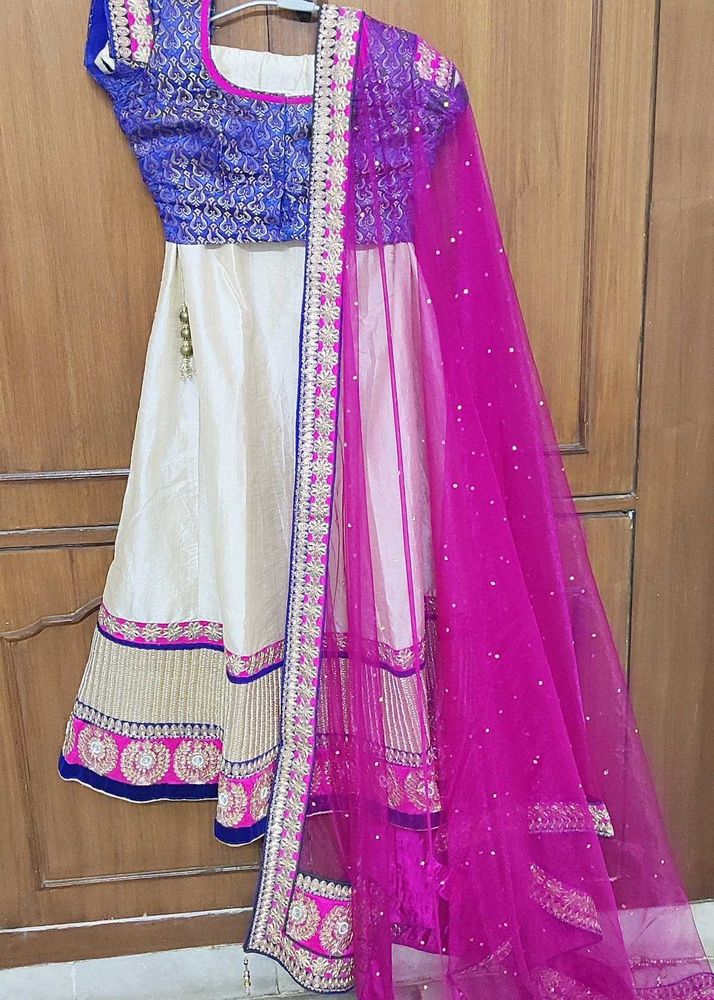 Embroidered Blue Magenta Silk lehnga