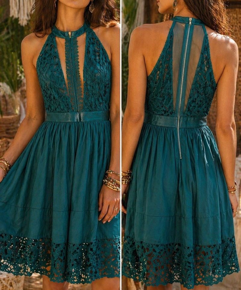 Stunning Teal Lace Halter Neck Dress
