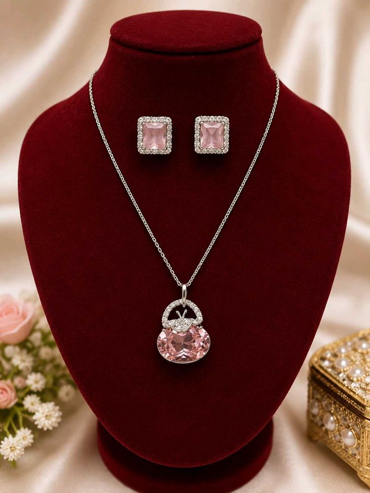 Elegant Pink Crystal Necklace &amp; Earring Set