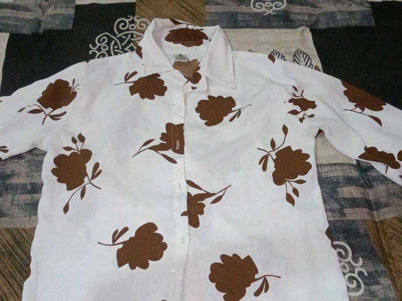 White Floral Print Button-Up Shirt