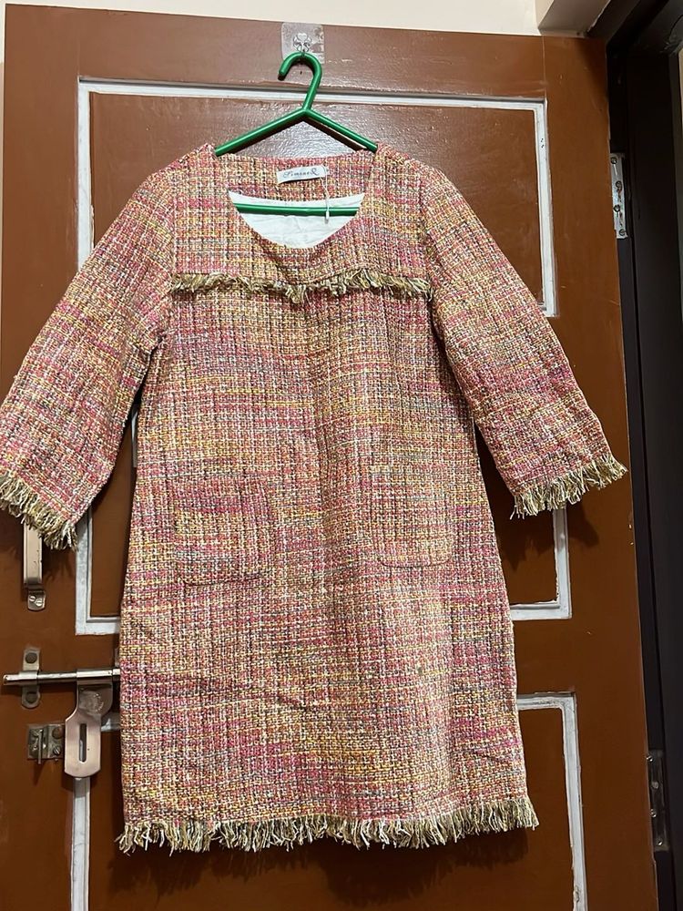 Chic Tweed Dress with Fringe Detail