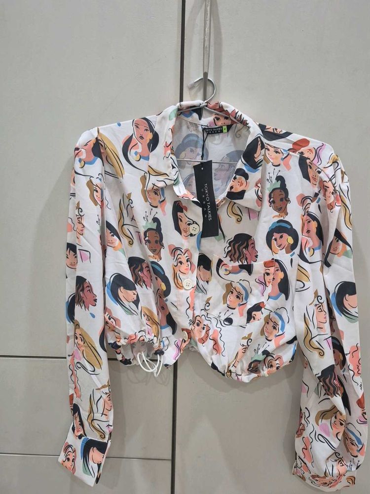 Cute Cartoon Print Cropped Shirt