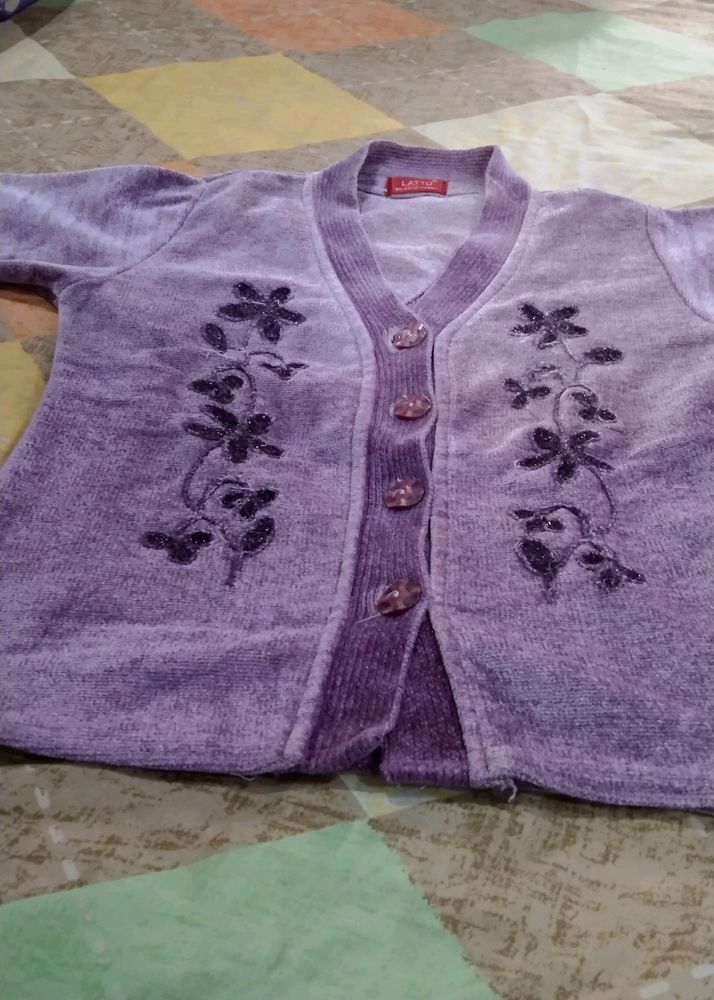 Purple Embroidered Velvet Cardigan