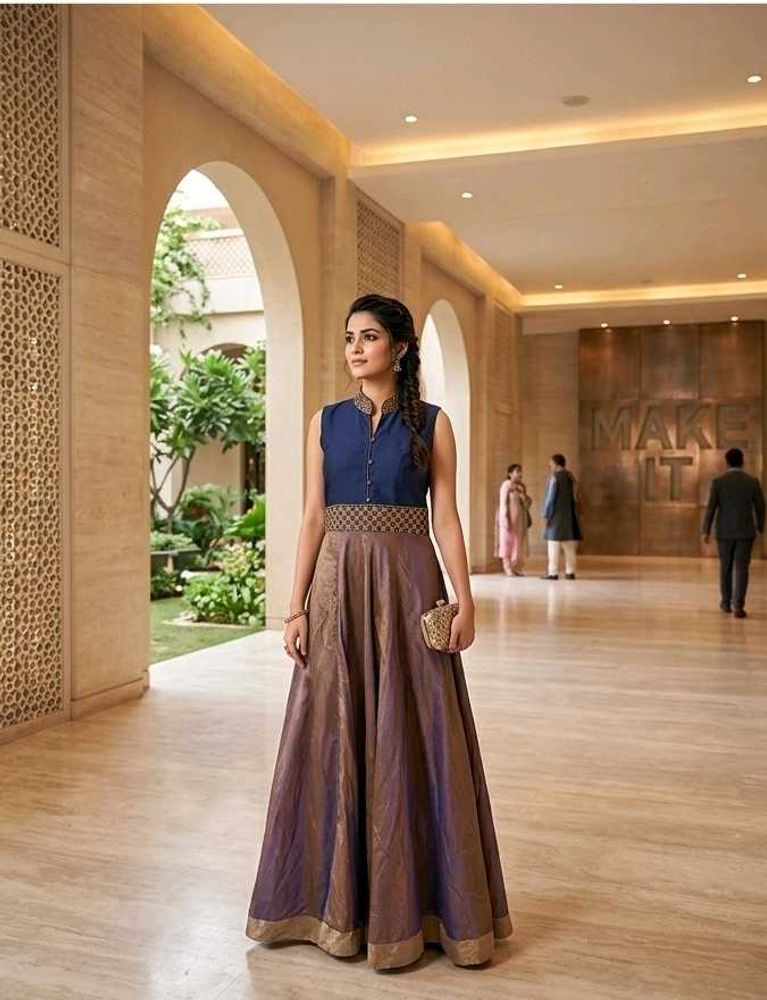 Dual-Tone Navy &amp; Purple Silk Gown