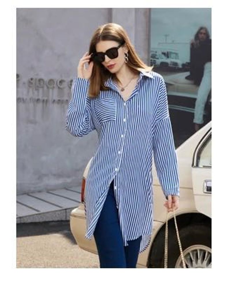 Blue Striped Oversized Tunic Shirt