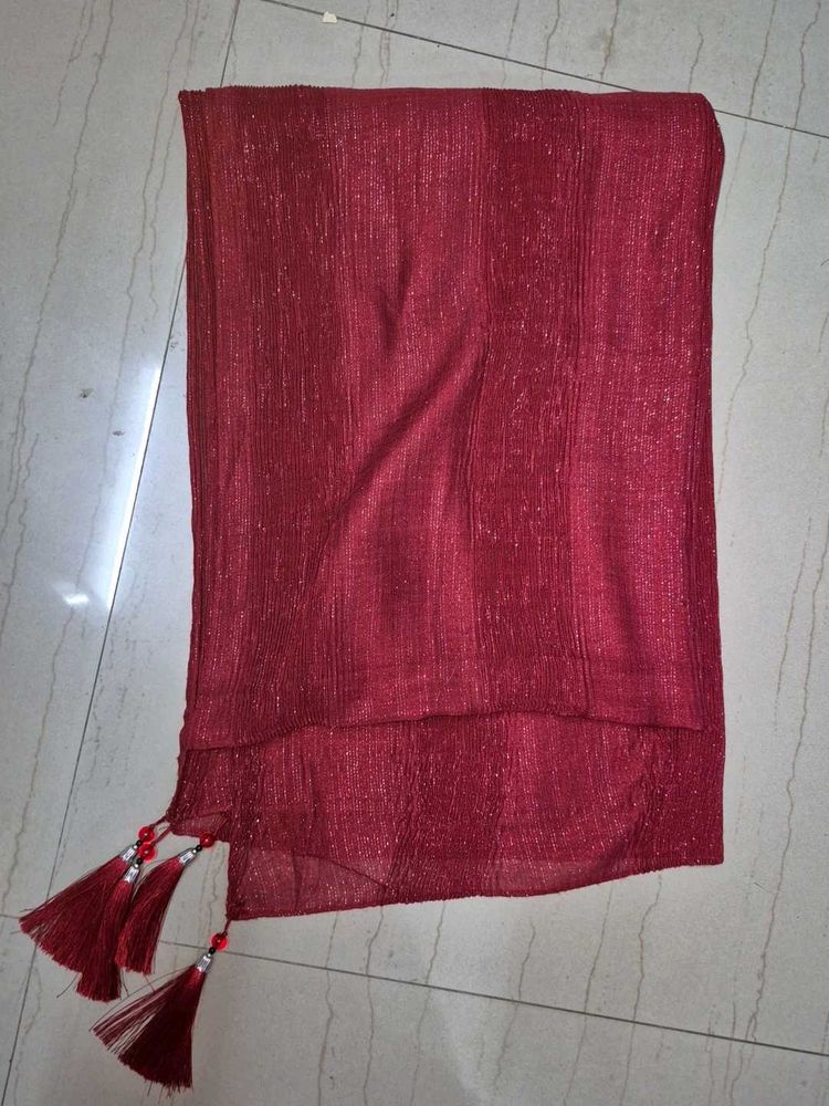 Elegant Red Shimmer Scarf with Tassels