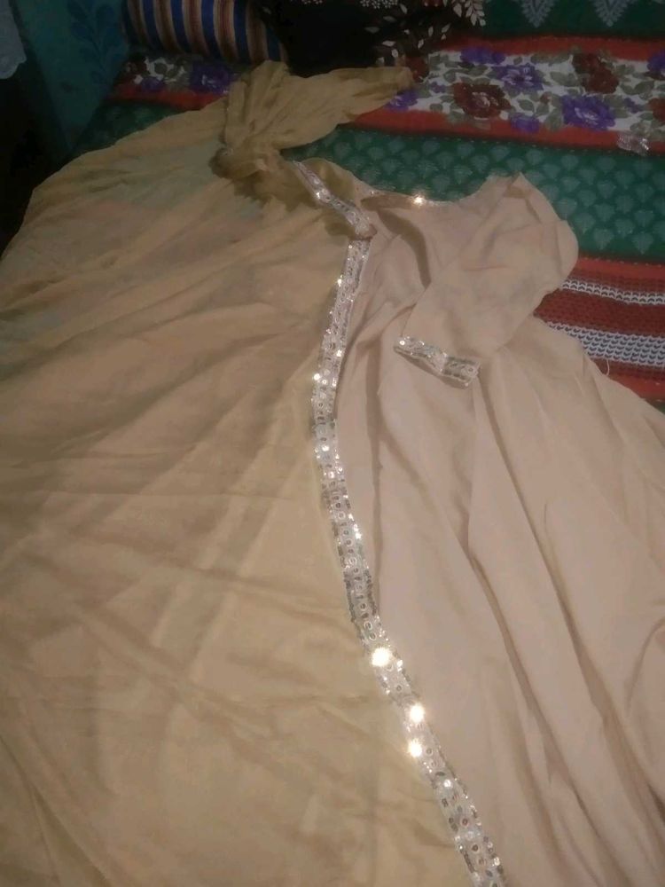 Elegant Beige Kurta Set with Embellished Dupatta