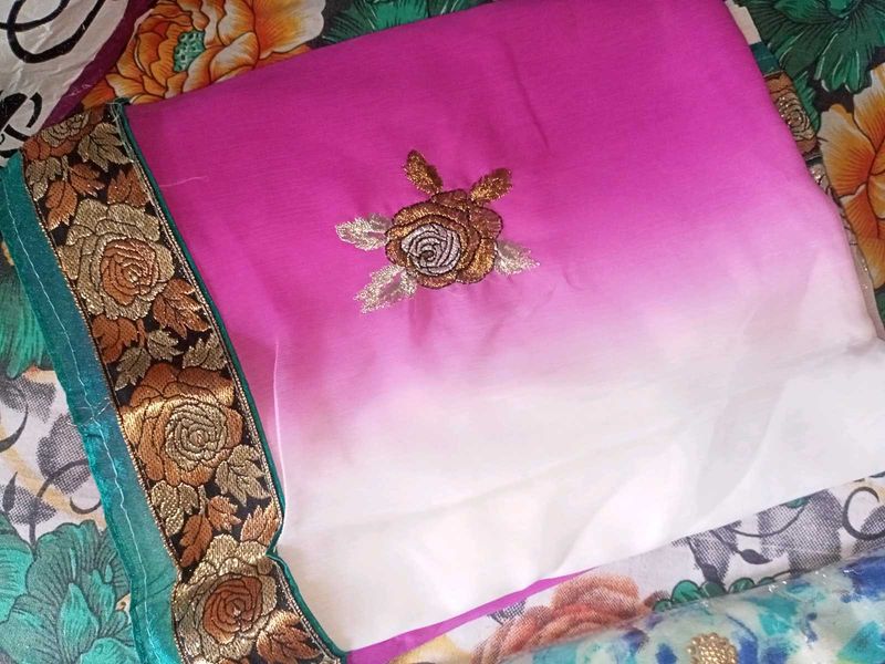 Pink &amp; White Embroidered Saree Mashaallah Combo
