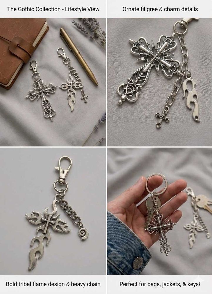 Gothic Cross &amp; Flame Charm Keychain